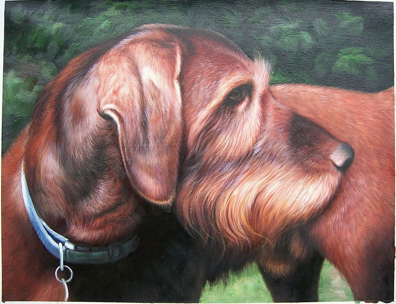 Painting of a brown dog wearing a collar, viewed from the side