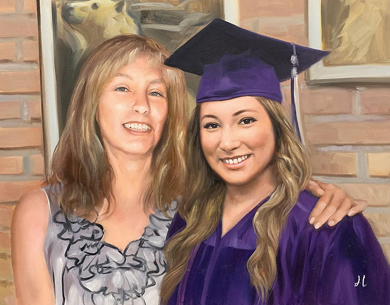 Painting of a mother and daughter, the daughter is wearing a purple graduation cap and gown.