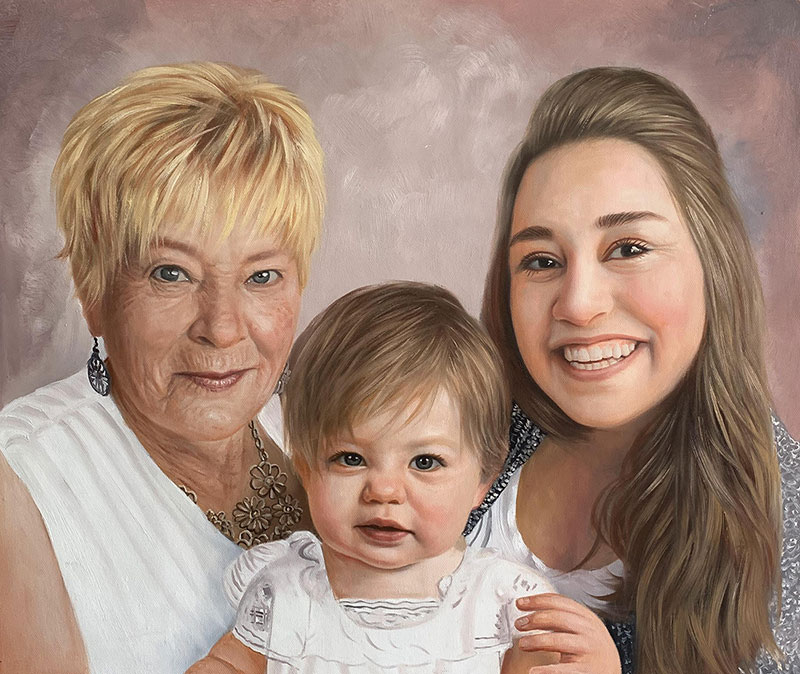 Oil painting portrait of three generations of women: a grandmother, mother, and baby.