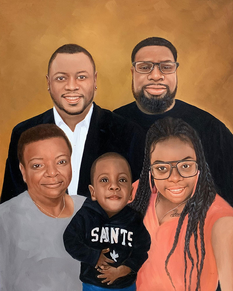 Painted portrait of a family: two adult men, two adult women, and a young child.