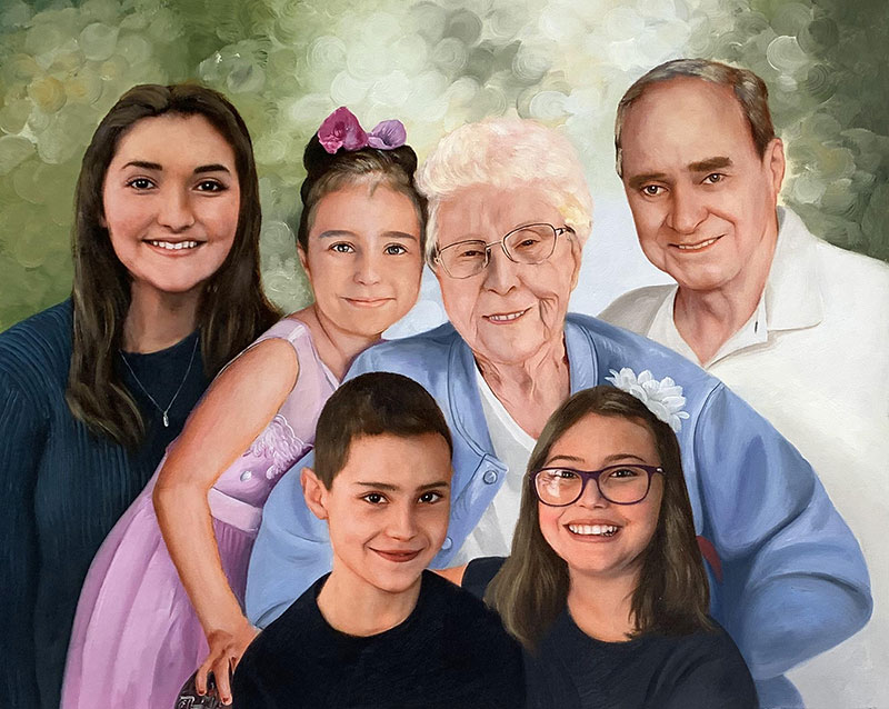 Family portrait painting of five grandchildren with their grandparents.
