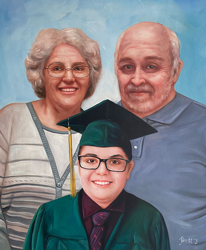 Painted portrait of a graduating student with their grandparents.