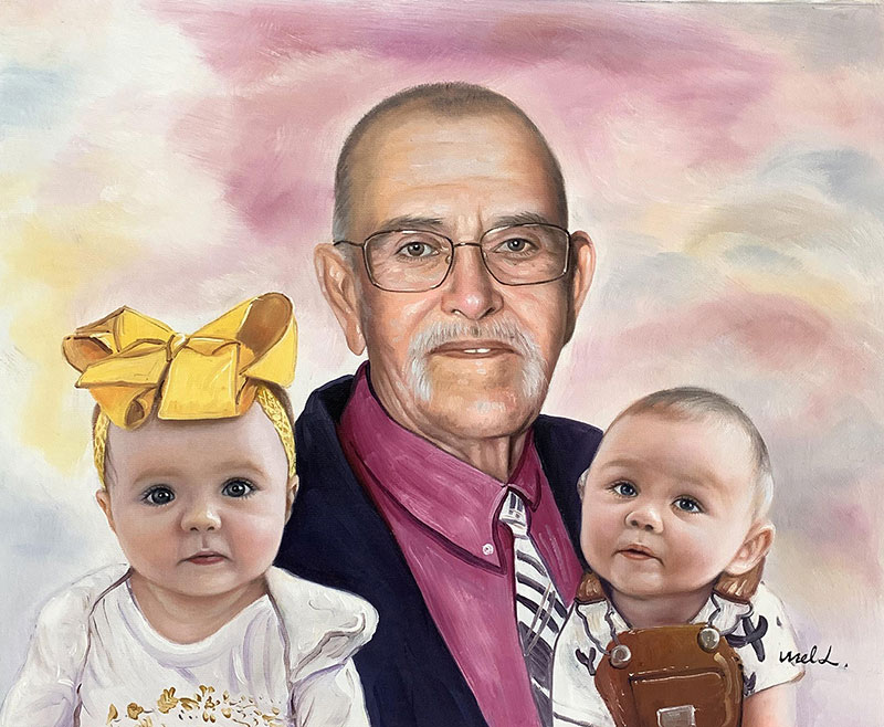 Portrait painting of a grandfather with two babies.