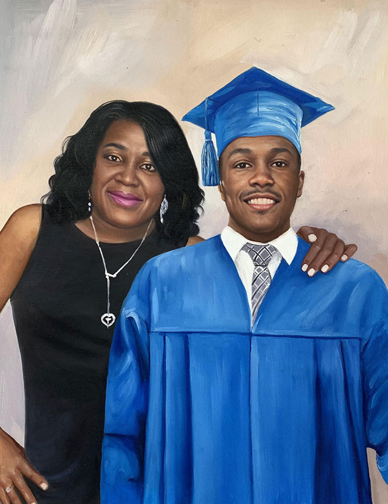 Painted portrait of a mother and her son in graduation attire.