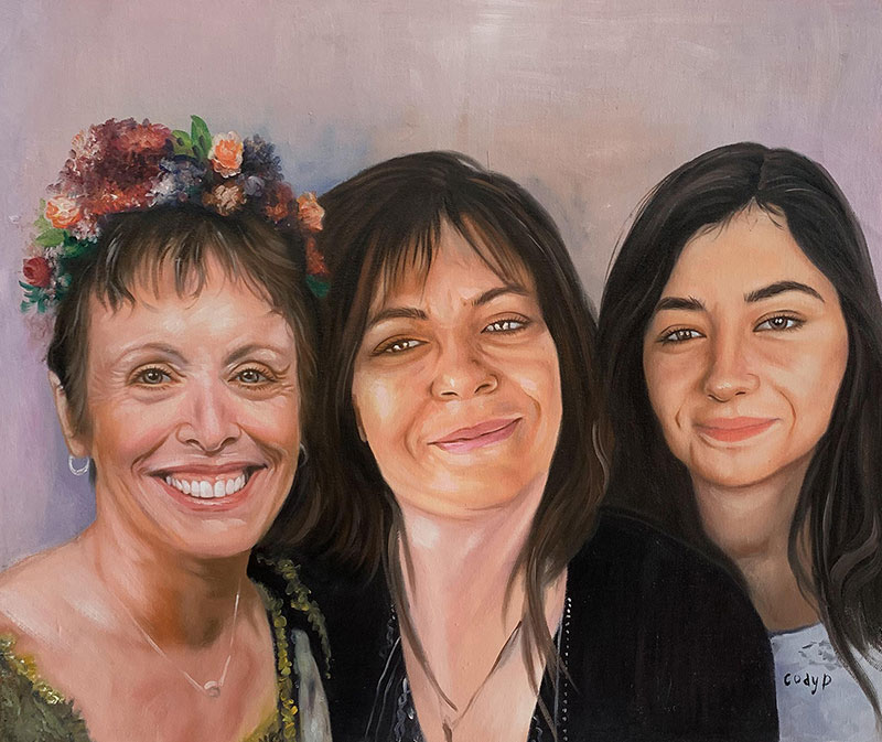 Oil painting portrait of three women, one wearing a flower crown.