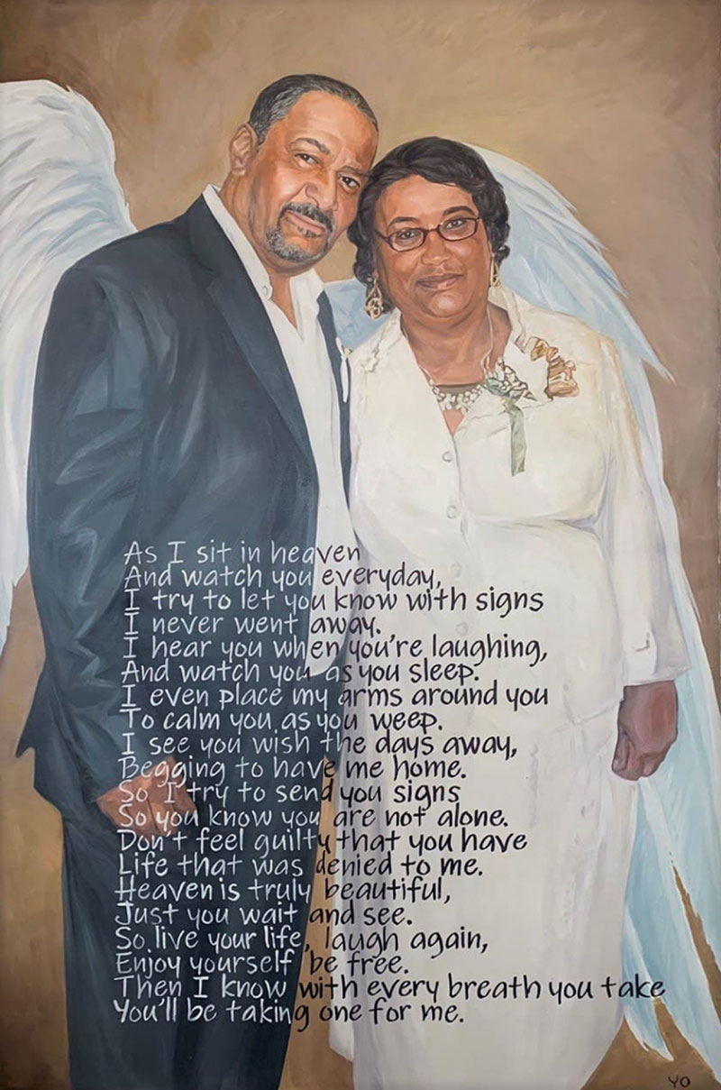 Painting of a deceased couple, with angel wings, and a poem about heaven.