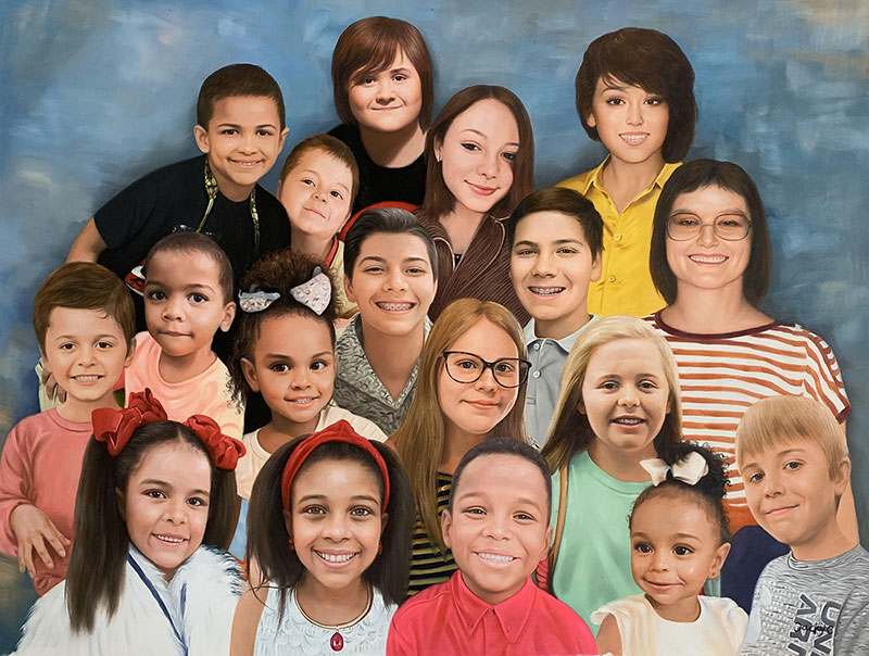Large group portrait painting of children and adults.