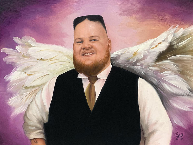 Painting of a man with angel wings wearing a vest and tie