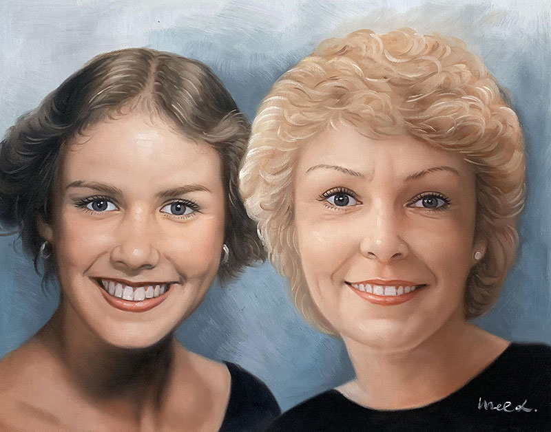 Painted portrait of a mother and daughter smiling.