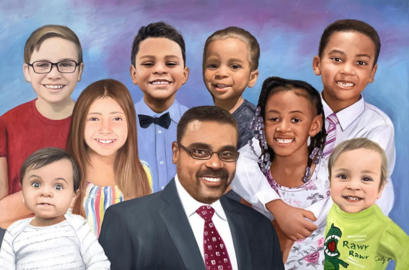 Painted portrait of a man with eight children.