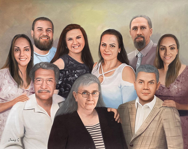 Painted portrait of a large family group.
