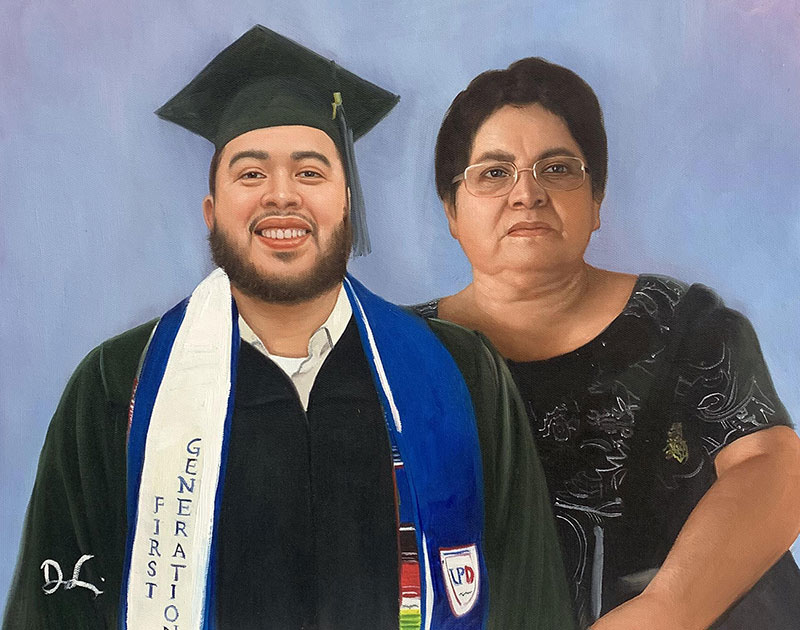 Painted portrait of a smiling graduate in cap and gown with his mother.