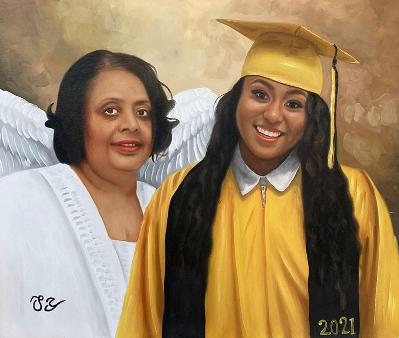 Painting of a graduate in a yellow cap and gown with a woman depicted as an angel beside her.