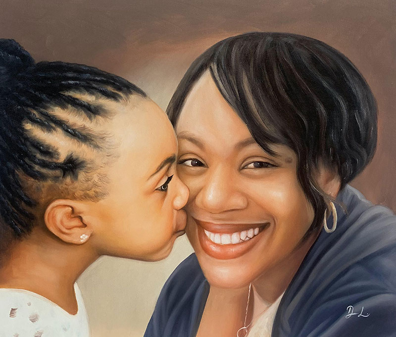 Painting of a young girl kissing a woman on the cheek.