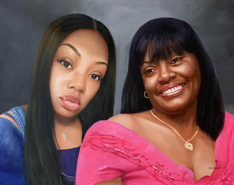 Oil painting portrait of two Black women, one young and one older, posing together.