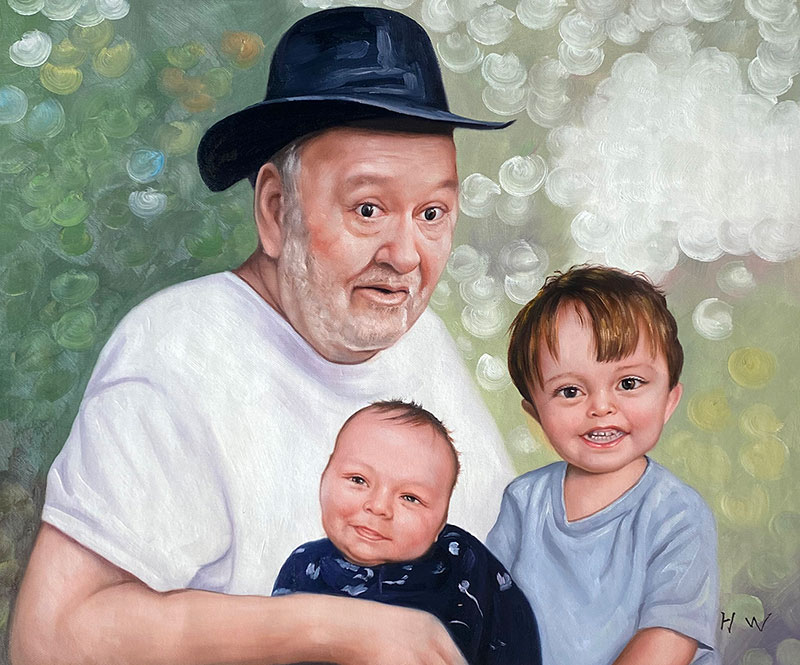 Painting of a grandfather in a hat holding a baby and toddler.