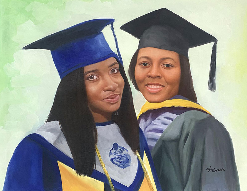 Painting of two Black women in graduation gowns and caps.