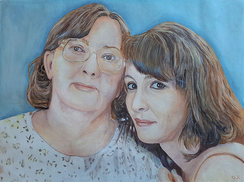 Watercolor portrait of two women, one wearing glasses.