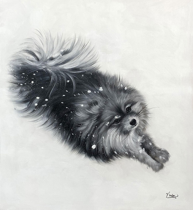 Painting of a fluffy Pomeranian dog in the snow.