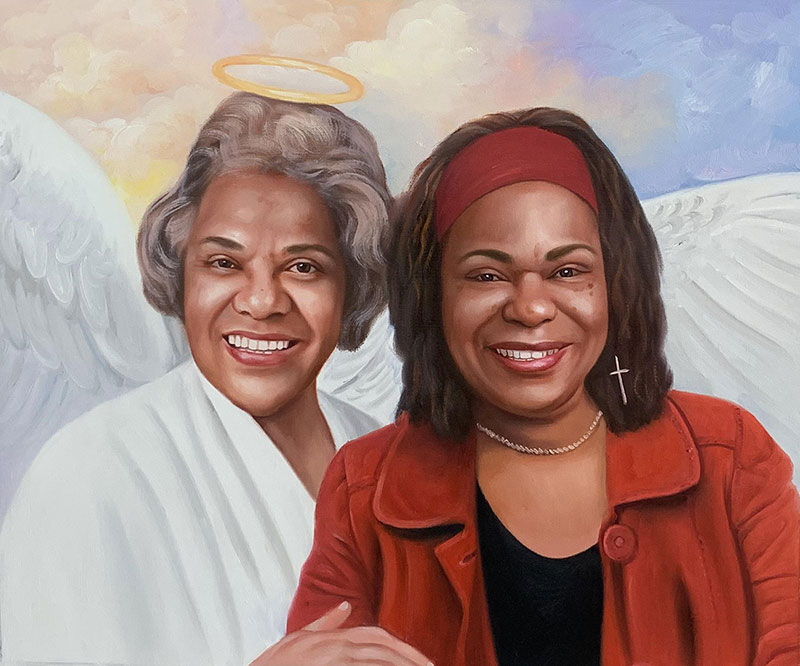Painting of two Black women, one with angel wings and halo, the other in a red jacket.