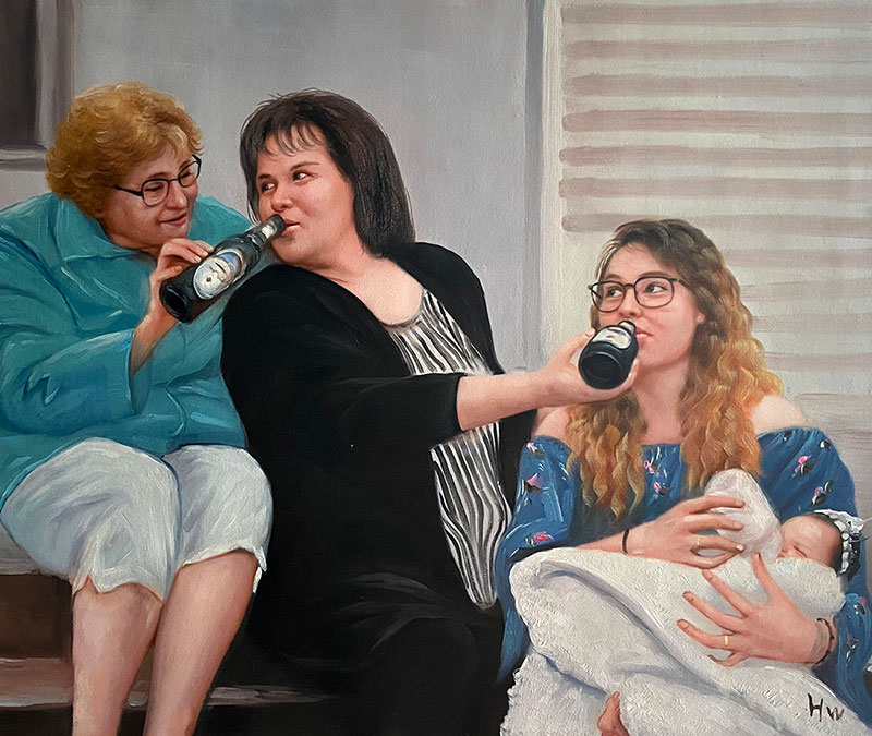 Painting of three generations of women sharing beers, one holding a baby.