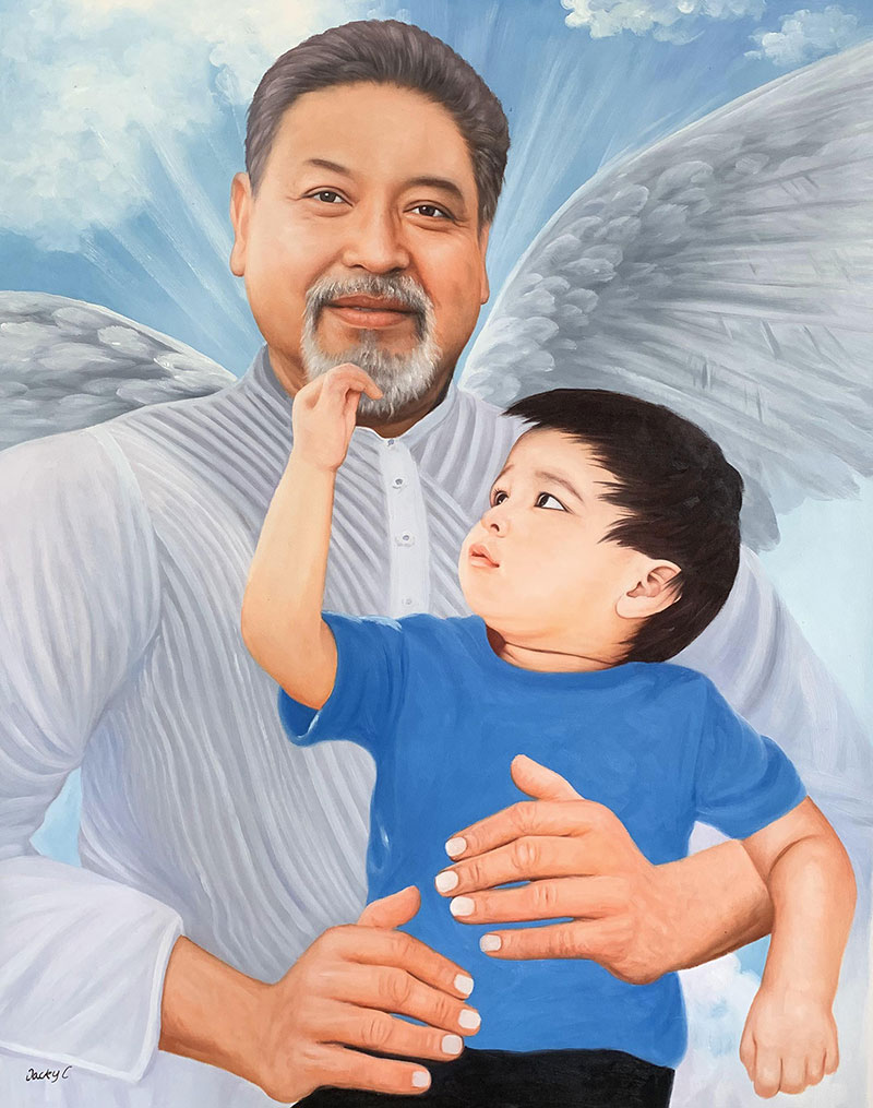 Painting of an older man with angel wings holding a toddler.
