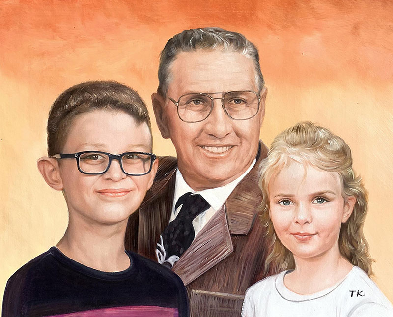 Painted portrait of a grandfather with a grandson and granddaughter.