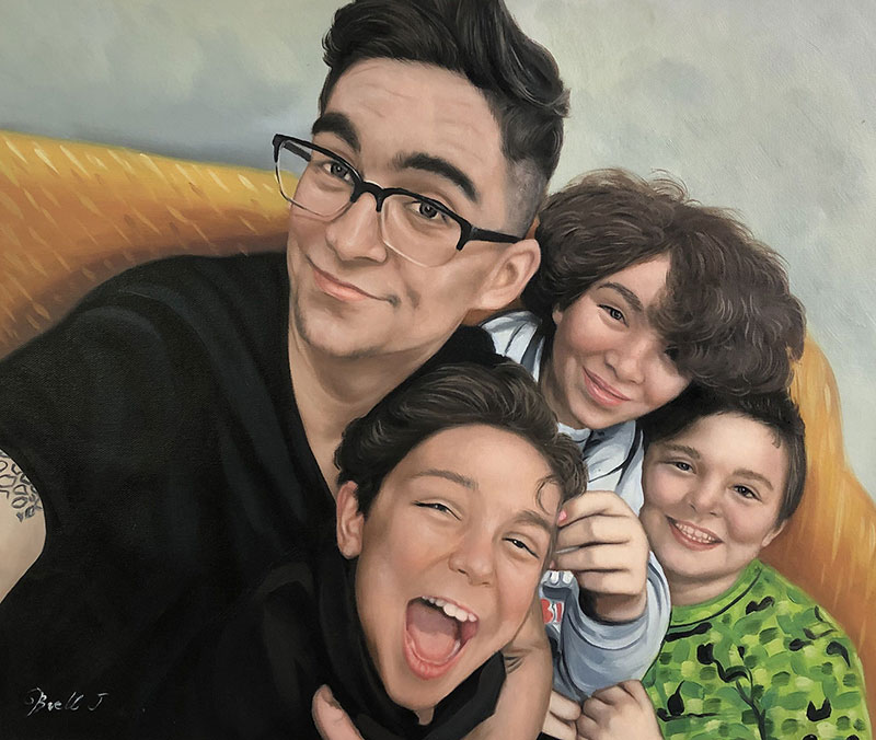 Portrait painting of a man with three children.