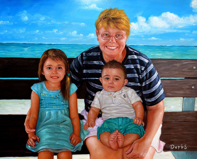 a custom oil painting of grandmother and grandchildren