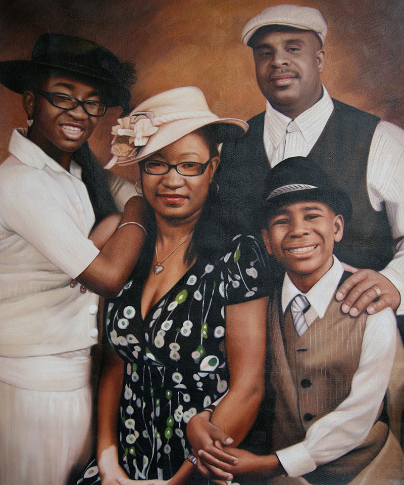 a custom oil painting of black family formal outfit