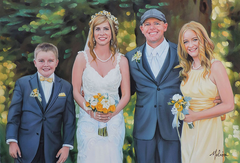 an oil painting of wedding couple in the woods