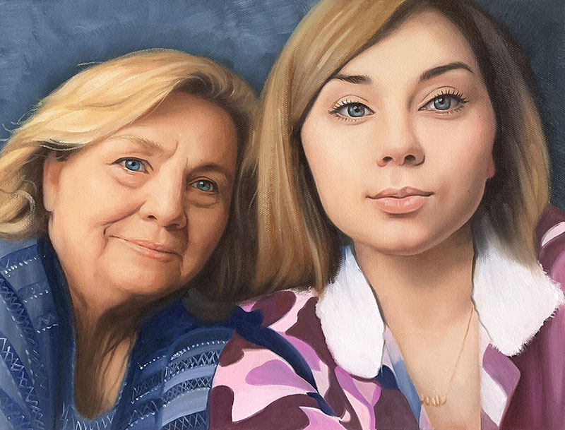 Painted portrait of an older woman and a younger woman.