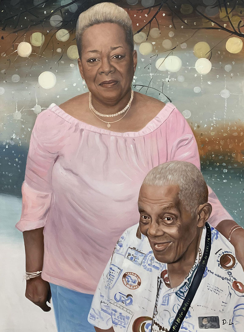 Painting of an elderly couple, the woman in pink, the man in a patterned shirt.