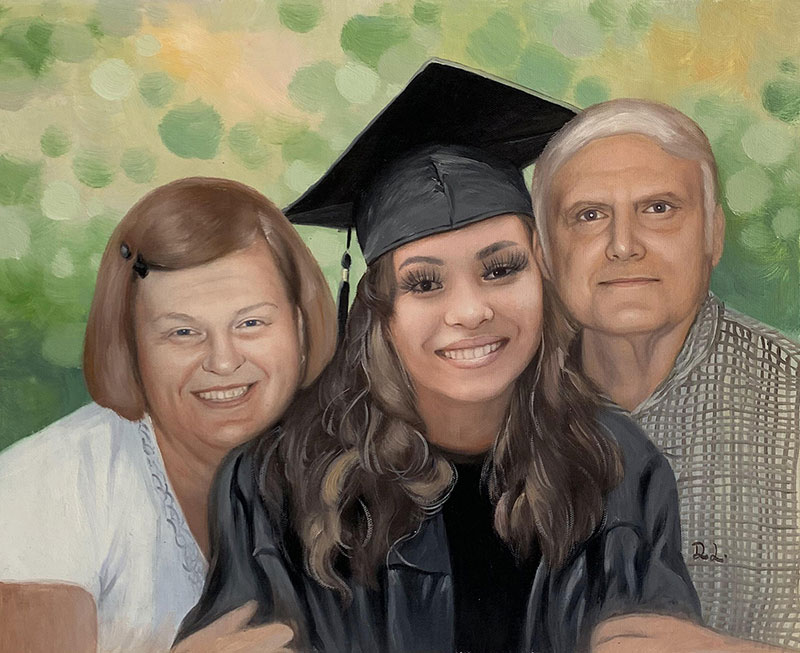 Painted portrait of a graduating woman with her parents.