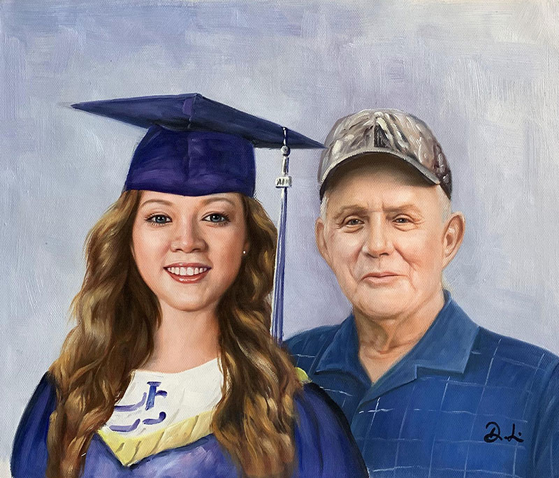 Painting of a young woman in a graduation cap and gown with an older man.