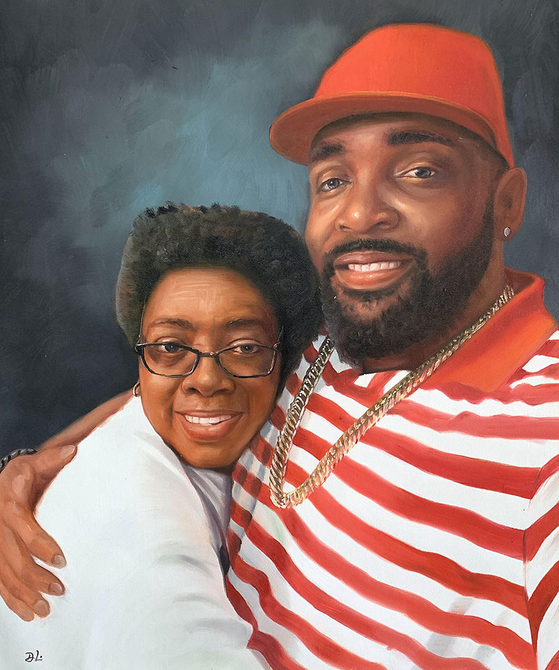 Painted portrait of a man and woman embracing.