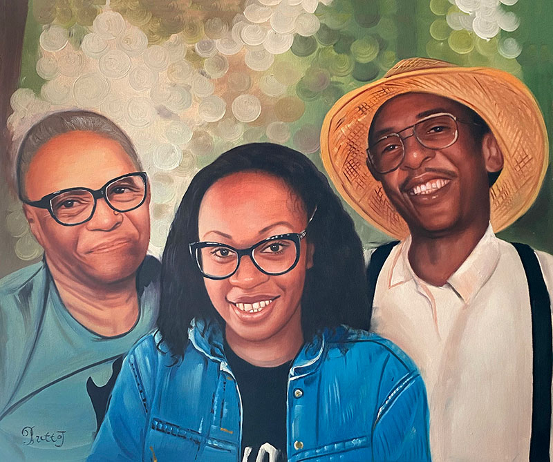 Painted portrait of three people: an elderly woman, a young woman, and a man in a straw hat.