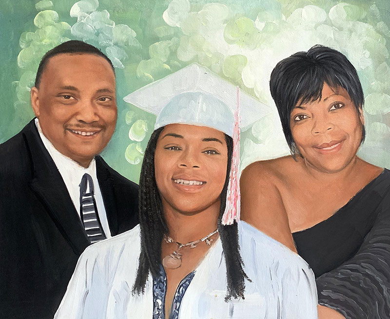 Painted portrait of a family: a father, daughter in graduation attire, and mother.