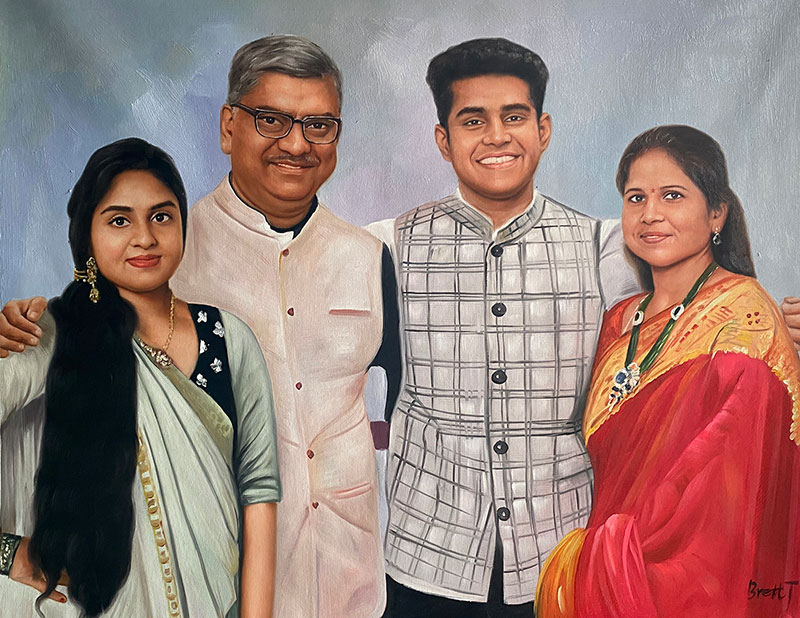 Painted portrait of a family: father, mother, daughter, and son.