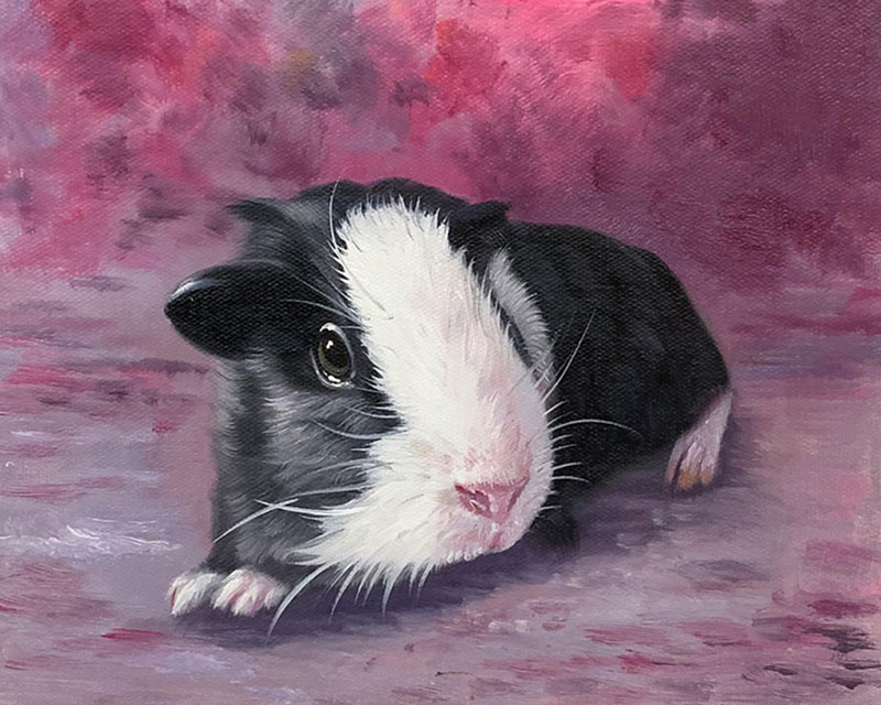 Painting of a black and white guinea pig on a purple background