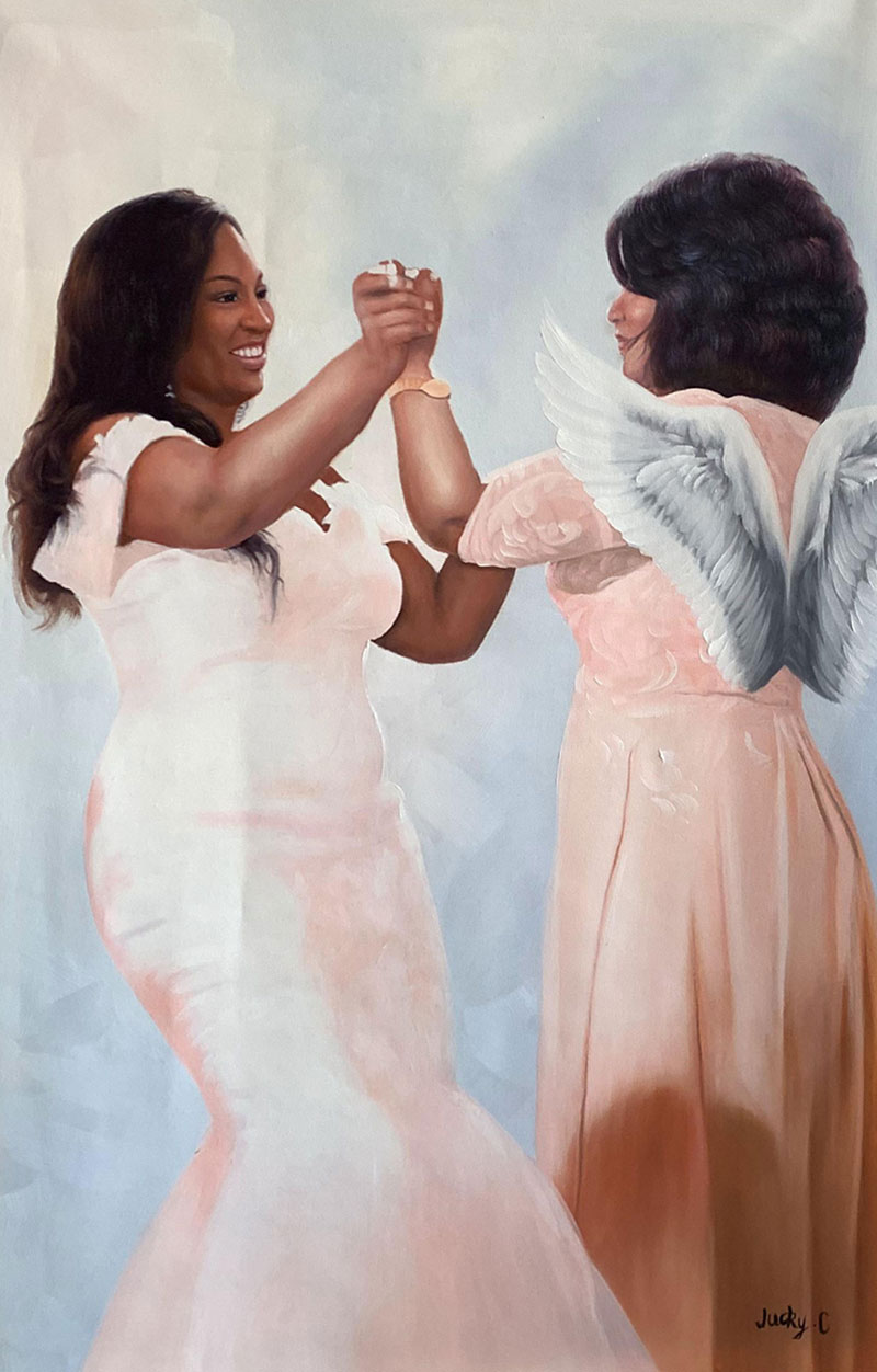 Painting of two Black women in pink dresses holding hands, one woman has angel wings.