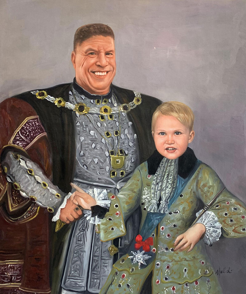 Painting of a man and a boy in regal attire.