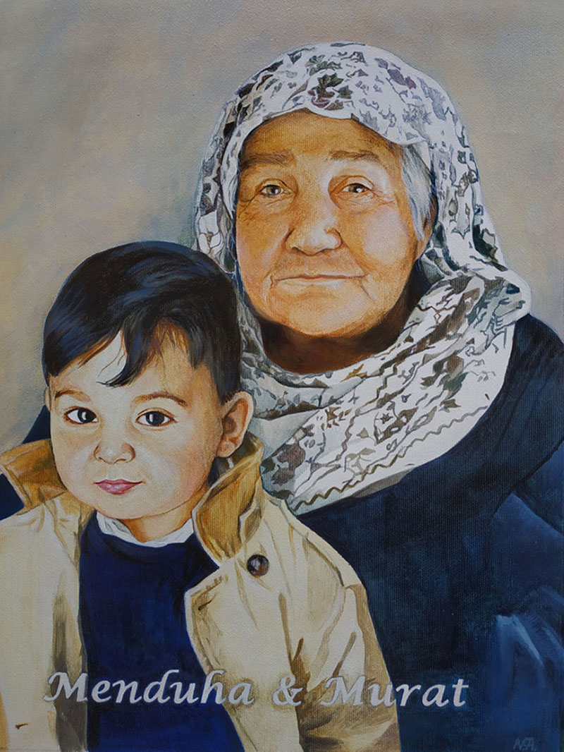 Painting of an elderly woman in a headscarf and a young boy.