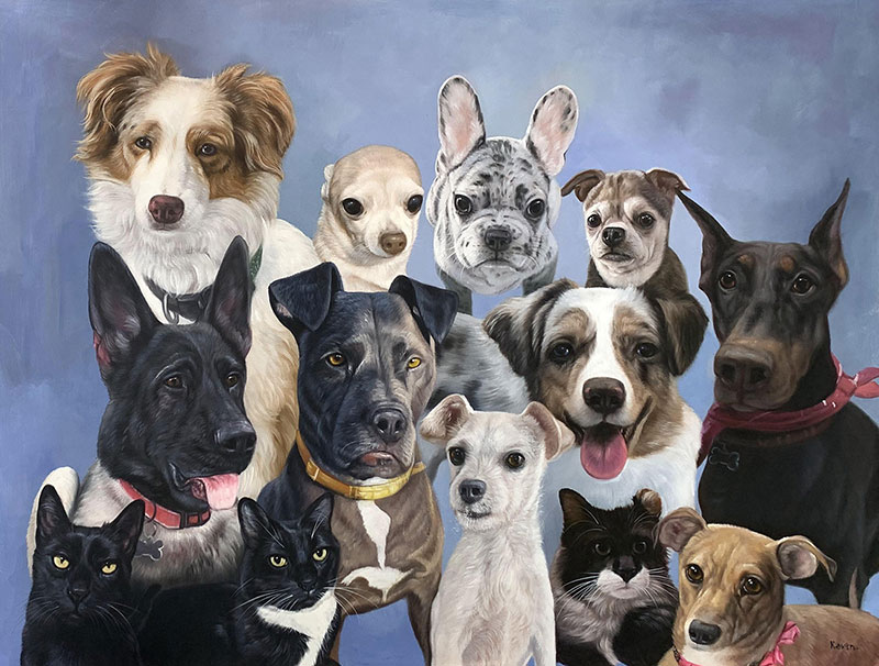 Painting of multiple dogs and two cats.