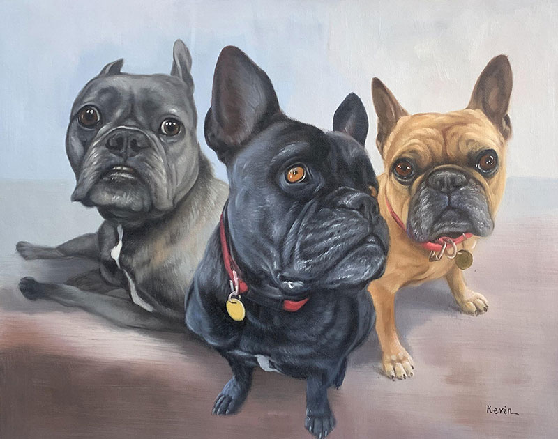 Painting of three French bulldogs