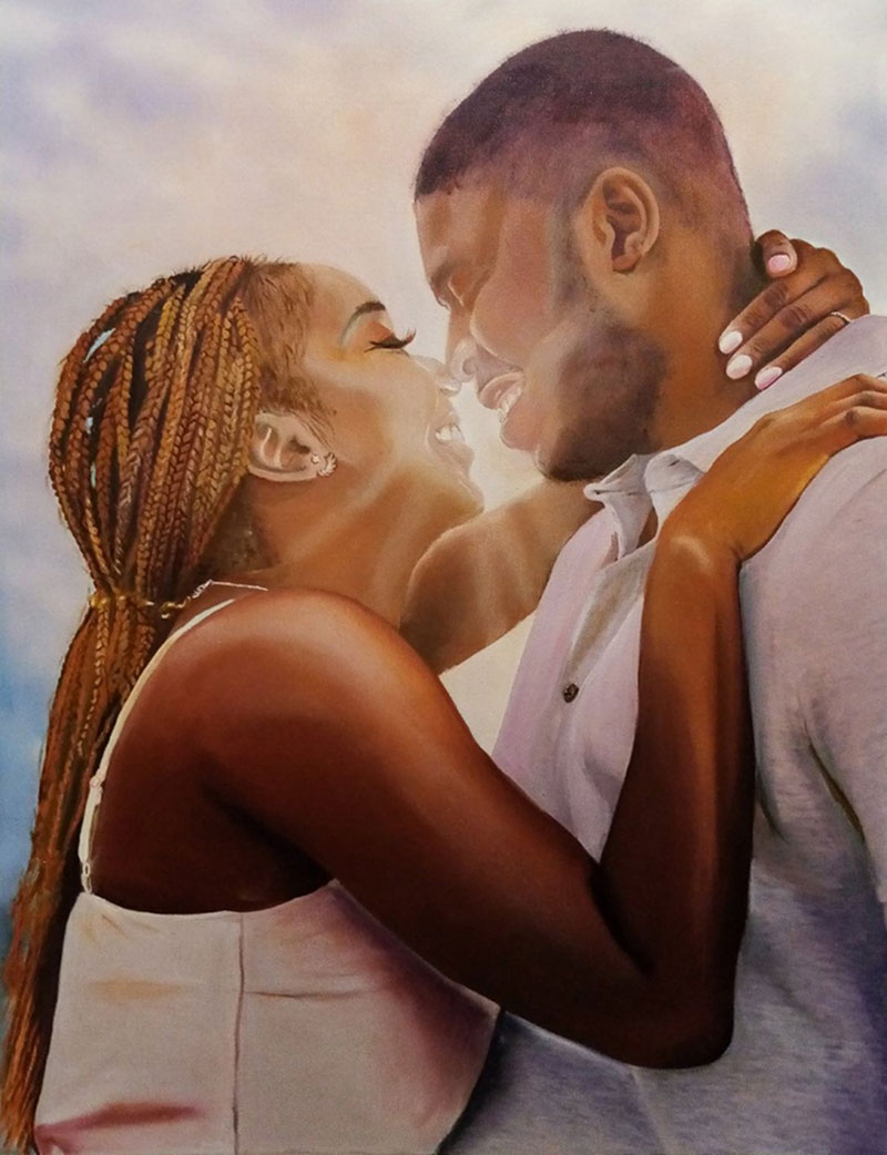 Painting of a couple embracing and about to kiss