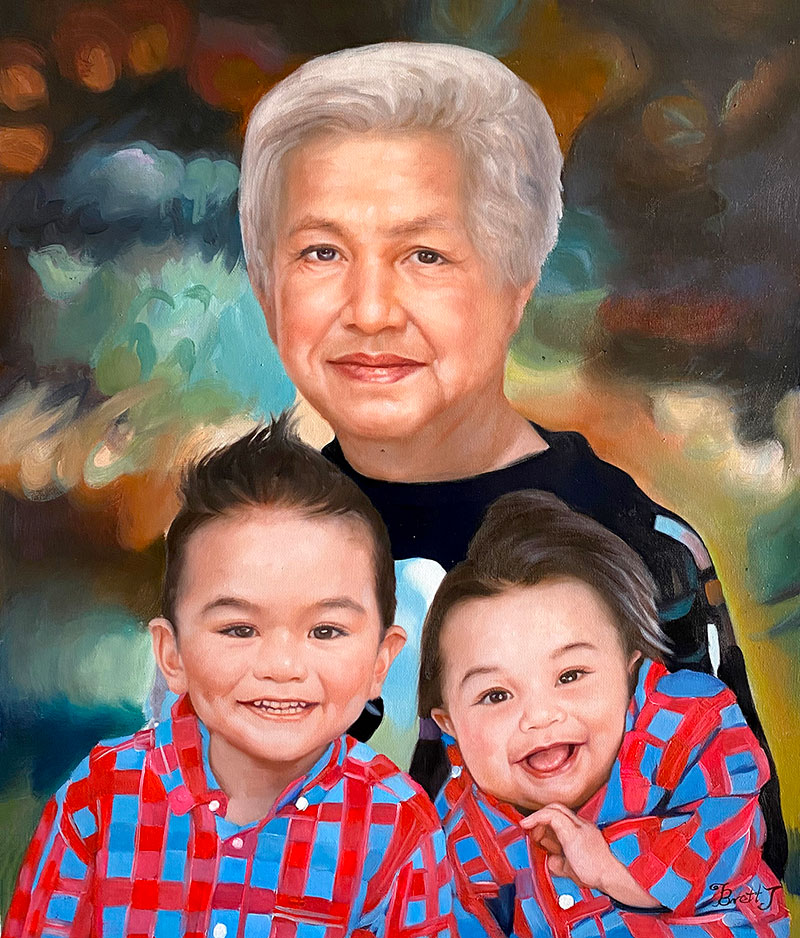 Oil painting portrait of a grandmother with two smiling grandsons.
