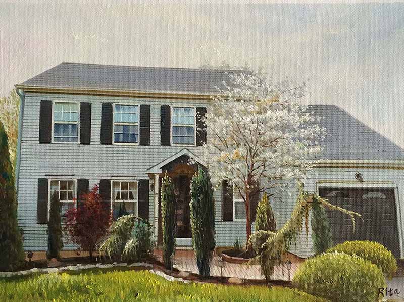 beautiful oil painting of a house with vibrant greenery 