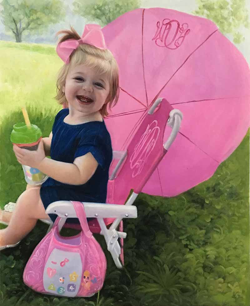 oil portrait of a happy child outdoor