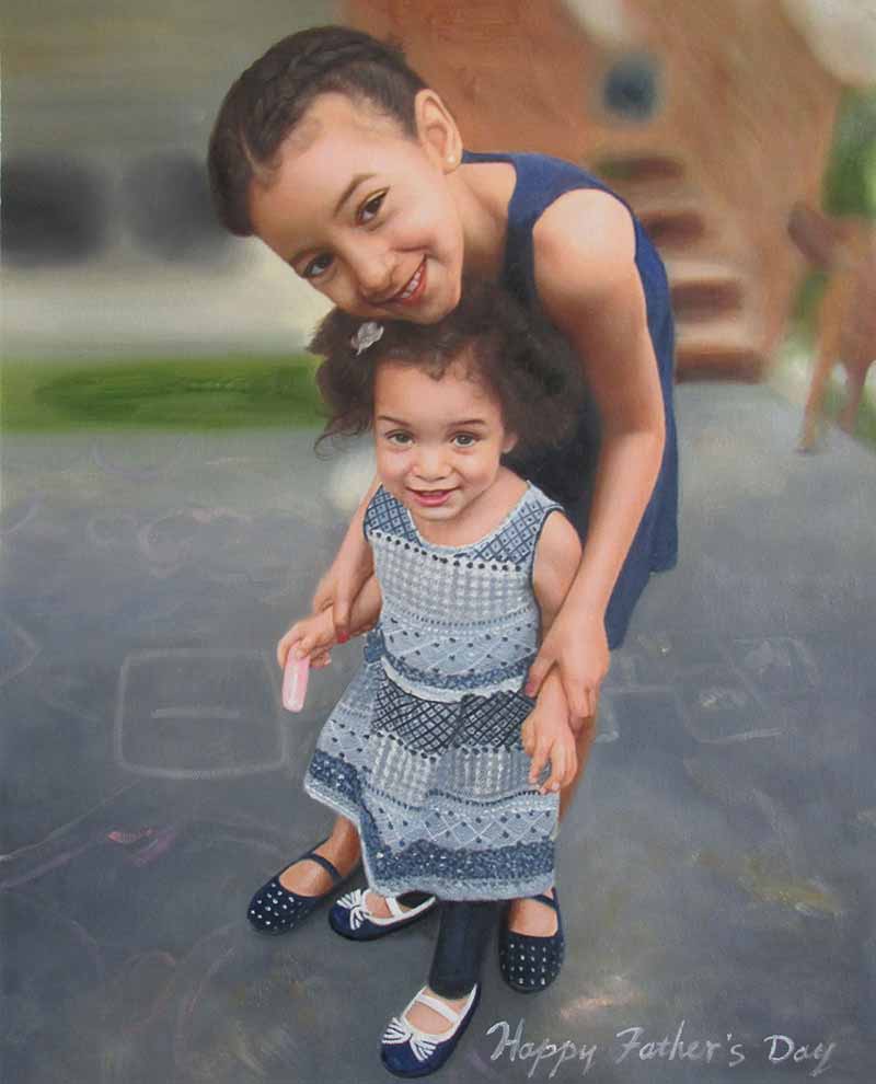 oil painting cute kids playing outside